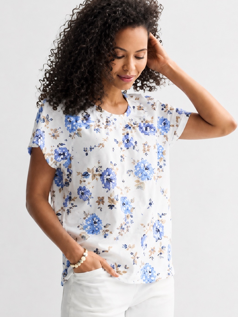 Women's Croft & Barrow Smocked Short Sleeve Floral Print Blouse T Shirt